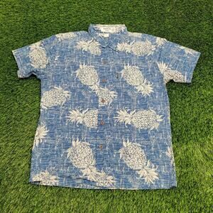 Vintage Palmwave Hawaii Pineapple Button Shirt XL 24x29 Blue White Y2K